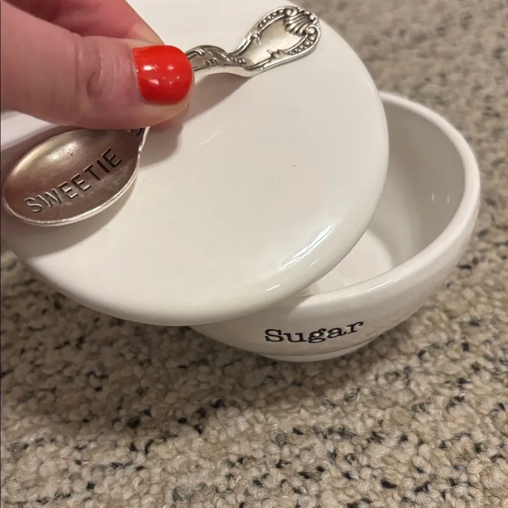 Mudpie White Sugar Bowl with Silver Spoon Handle on Lid